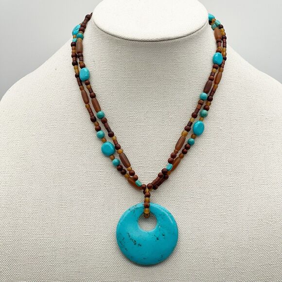 Coldwater Creek Genuine Stone Turquoise Horn Wood Bead 2 Strand 18" Necklace - Picture 1 of 7